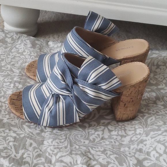 Express Blue and White Stripe Cork Heels Mules - Picture 3 of 5